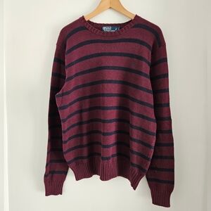 Polo Ralph Lauren Striped Knit Sweater Large Burgundy Navy Cotton Crewneck